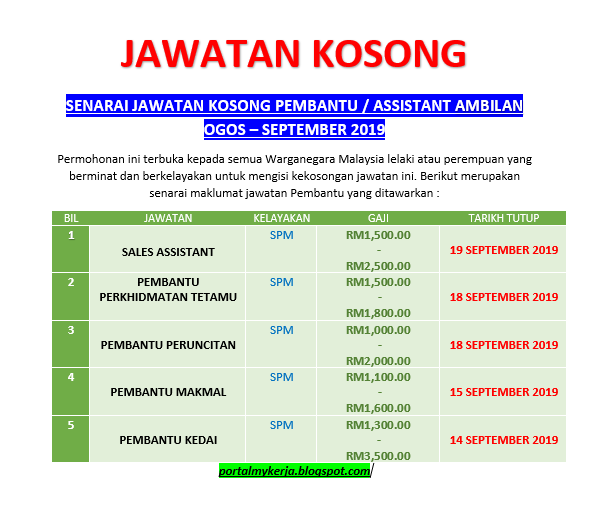 [HEBAHAN KHAS] Senarai Jawatan Kosong Pembantu / Assistant Ambilan Ogos ...